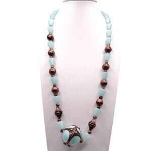 Vntg Handmade Amazonite Gemstones Necklace 18”with Enamel Pendant and Earrings